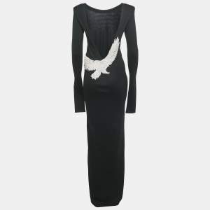 Balmain Black Eagle Embroidered Cotton Knit Plug Neck Maxi Dress M