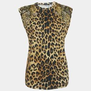 Balmain Brown Leopard Print Embellished Cotton Blend Knit Tank Top M
