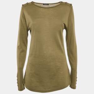 Balmain Olive Green Wool Button Detail Long Sleeve T-Shirt L