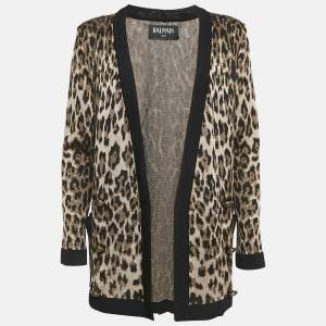 Balmain Brown Leopard Jacquard Knit Button Detail Open Front Cardigan M