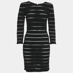 Balmain Black Striped Jersey Long Sleeve Mini Bodycon Dress L