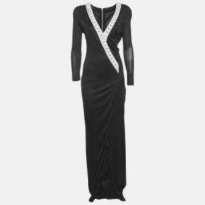 Balmain Black Jersey Crystal Embellished Slit Detail Maxi Dress L