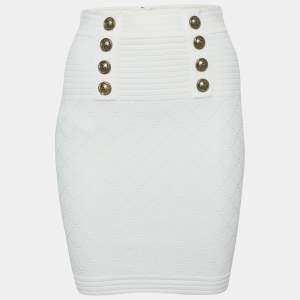 Balmain White Stretch Button Embellished Knit Mini Skirt S
