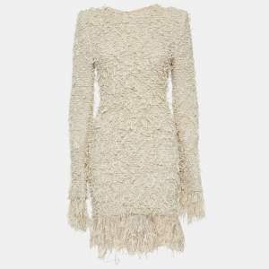 Pre Owned Balmain Beige Stretch Tweed Raw Edge Detail Mini Bodycon Dress M