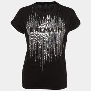 Balmain Black Logo Embellished Crew Neck T-Shirt XS