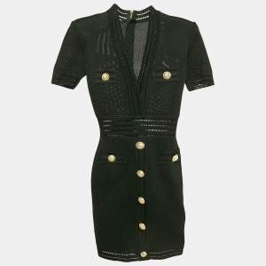 Balmain Black Mesh Knit Button Detail Bodycon Mini Dress M