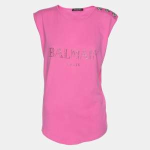 Balmain Pink Logo Print Cotton Knit Button Front Sleeveless Top M