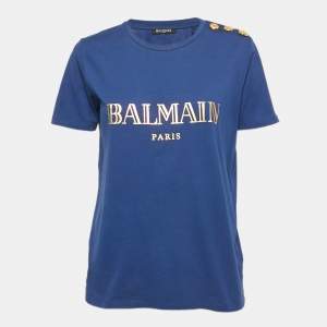 Balmain Blue Logo Print Cotton Button Detail T-Shirt M
