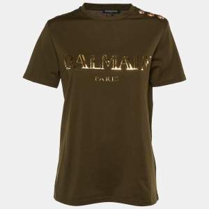 Balmain Green Logo Print Cotton Button Detail T-Shirt M