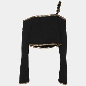 Balmain Black Rib Knit Chain Trim Off The Shoulder Crop Top M