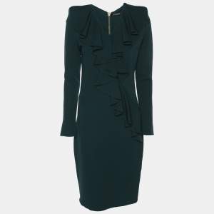 Balmain Green Crepe Ruffle Midi Dress M