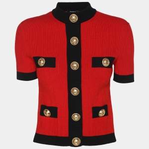 Balmain Red/Black Stretch Knit Short Sleeve Cropped Cardigan M