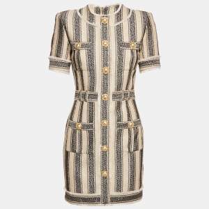 Balmain Beige/Black Frayed Sequin Striped Piqué Mini Dress S