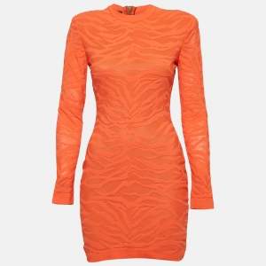 Balmain Orange Patterned Knit Bodycon Dress S