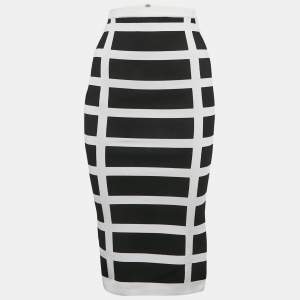 Balmain White/Black Intarsia Knit Zip-Up Pencil Midi Skirt S