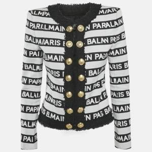 Balmain White/Black Striped Logo Cotton Tweed Trim Blazer M
