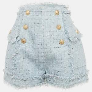Balmain Blue Tweed Button Detail Fringed Shorts M