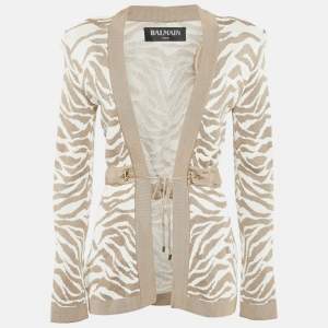 Balmain Beige/White Zebra Pattern Jacquard Knit Drawstring Detail Cardigan S