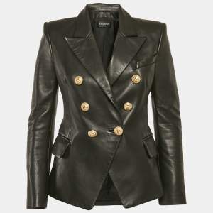 Balmain Black Leather Double Breasted Jacket M