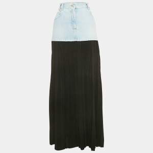 Balmain Blue/Black Denim and Lurex Knit Pleated Maxi Skirt M