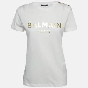 Balmain White Logo Print Cotton Button Detail T-Shirt XS