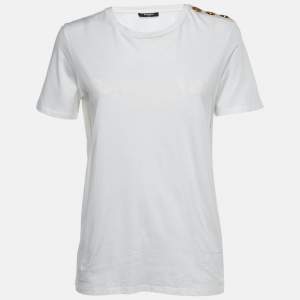Balmain White Logo Print Cotton Button Detail T-Shirt M 