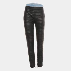 Pre Owned Balmain Black Denim Waist Trim Stretch Crepe Pleated Pants L