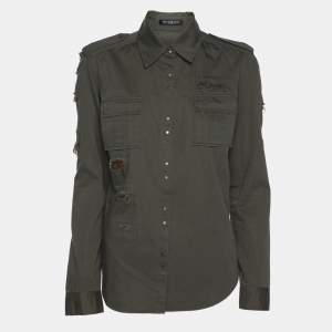 Pre Owned Balmain Dark Green Cotton Distressed Embellished Button Front Military Shirt M