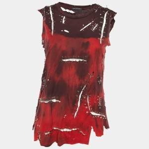 Pre Owned Balmain Red & Burgundy Cotton Pin Detail Sleeveless T-Shirt S