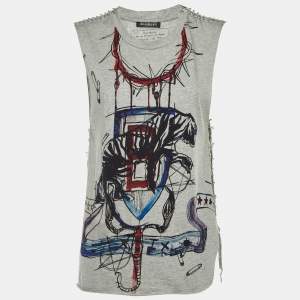 Pre Owned Balmain Grey Printed Cotton Knit Pin Detail T-Shirt M