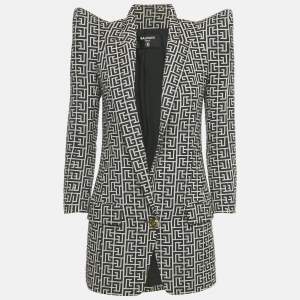 Pre Owned Balmain Black Monogram Wool Pagoda Shoulder Blazer S