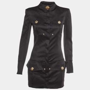 Pre Owned Balmain Black Wool Button Front Mid Length Coat S