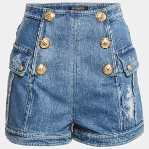 Pre Owned Balmain Blue Distressed Denim Button Detail Shorts M