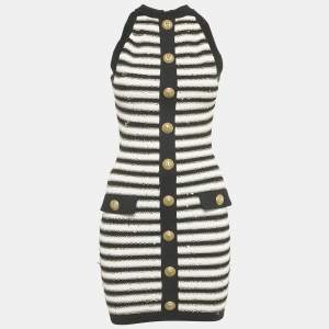 Pre Owned Balmain Black/ White Striped Rib Knit Mini Bodycon Dress S
