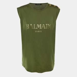 Pre Owned Balmain Olive Green Logo Print Cotton Sleeveless T-Shirt L