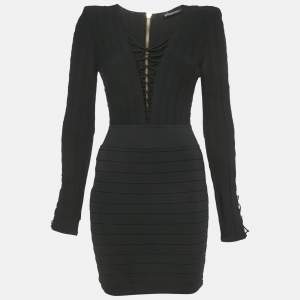 Pre Owned Balmain Black Knit Lace-Up Long Sleeve Mini Dress S