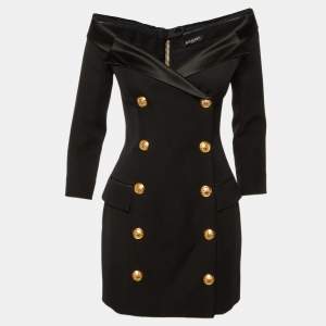 Pre Owned Balmain Black Wool Double Breasted Off-The-Shoulder Dress M