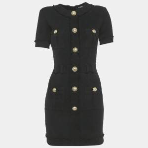 Pre Owned Balmain Black Tweed Button Detail Mini Dress S