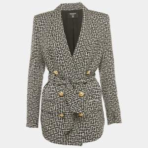 Pre Owned Balmain Black/White Monogram Cupro Double Breasted Blazer S