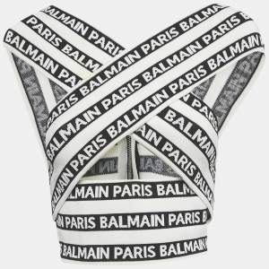 Pre Owned Balmain White Logo All Over Knit Crossover Banded Top S