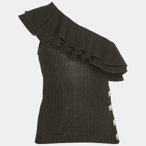 Pre Owned Balmain Black Rib Knit Ruffled One Shoulder Top S