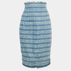 Pre Owned Balmain Blue Striped Logo Raw Edge Denim Skirt S Waist 26"