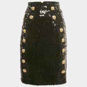 Pre Owned Balmain Black Sequin Button Detail Mini Skirt M