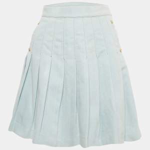 Pre Owned Balmain Blue Denim Pleated Mini Skirt S