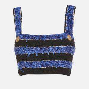 Pre Owned Balmain Black/Blue Textured Tweed Crop Top M