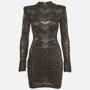 Pre Owned Balmain Black Lurex Patterned Knit Mock Neck Mini Dress S