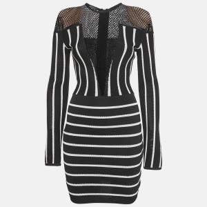 Pre Owned Balmain Black Striped Knit and Mesh Mini Bodycon Dress S