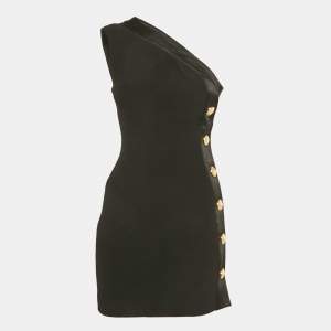 Pre Owned Balmain Black Crepe Button Detail One Shoulder Mini Dress S
