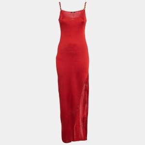 Pre Owned Balmain Red Knit Chain Detail Maxi Dress M