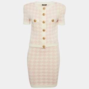 مملوكة مسبقًا Balmain Pink Houndstooth Knit Skirt Suit S
